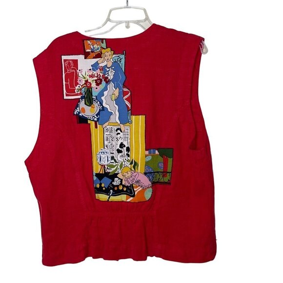 Judy Waltz Joy In Design Vintage Womens Vest Size XL Red Handmade Applique Linen - Picture 2 of 10